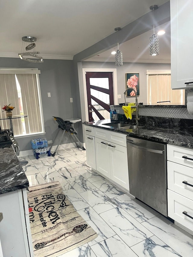 kitchen featuring white cabinetry, dark stone counters, decorative light fixtures, crown molding, and dishwasher