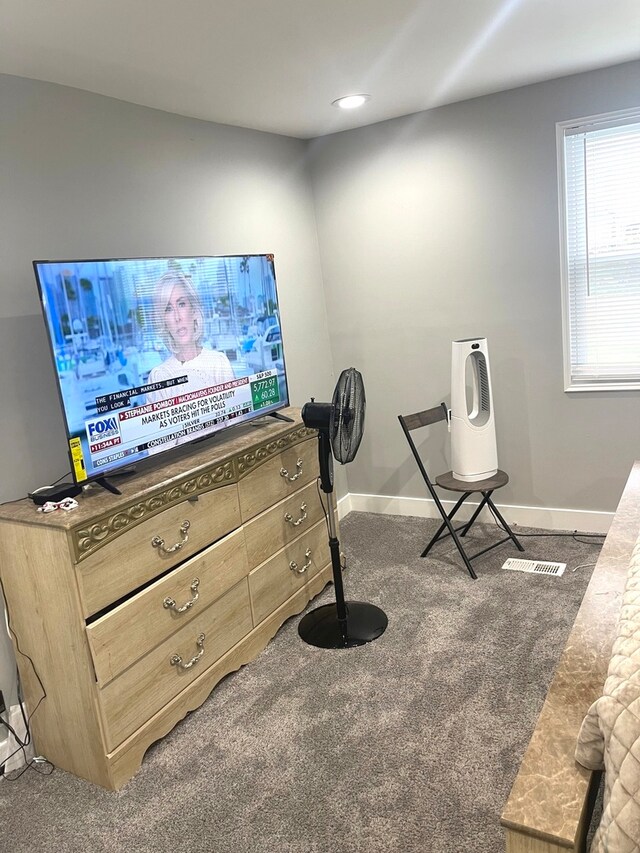 interior space with dark colored carpet