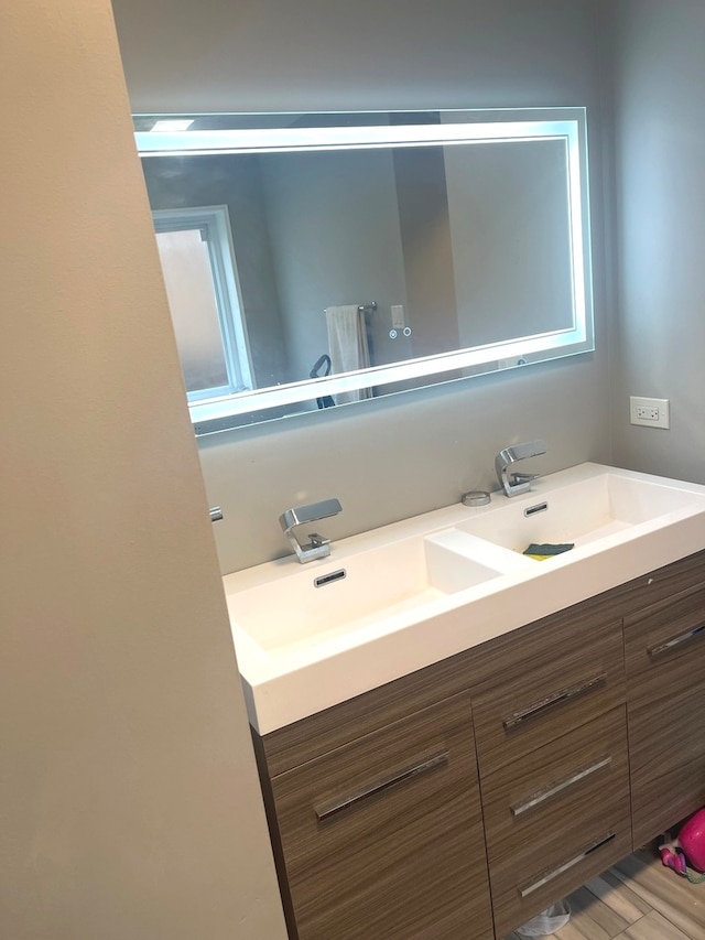 bathroom featuring hardwood / wood-style flooring and vanity