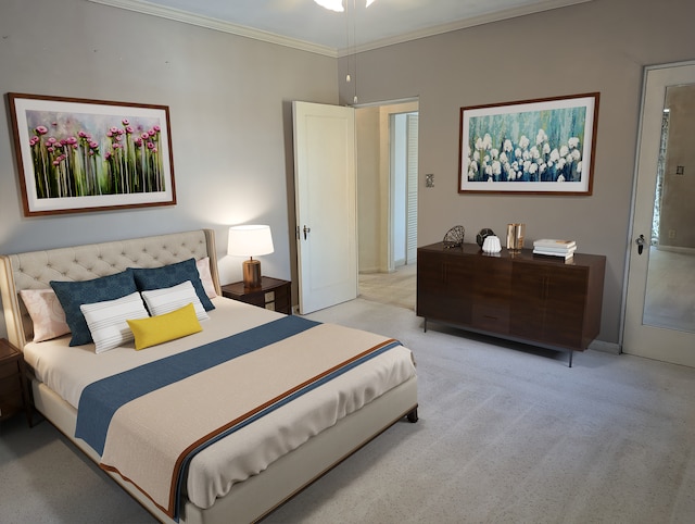 bedroom with light carpet and ornamental molding