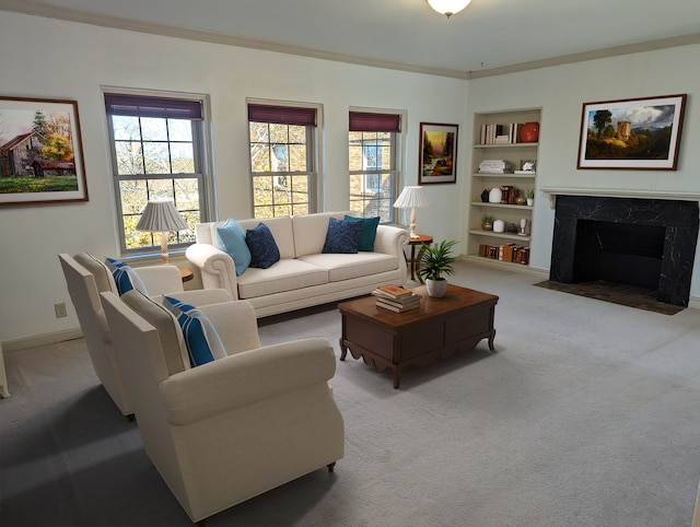 living room with a fireplace, light colored carpet, built in shelves, and ornamental molding