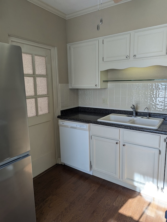 kitchen with stainless steel fridge, white cabinetry, dark hardwood / wood-style flooring, sink, and dishwasher