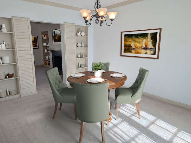 carpeted dining area featuring built in features and a notable chandelier