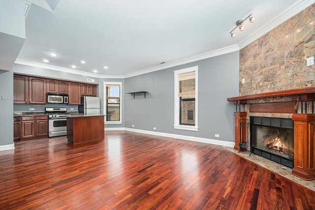 kitchen with stainless steel appliances, ornamental molding, a stone fireplace, a kitchen island, and dark hardwood / wood-style flooring