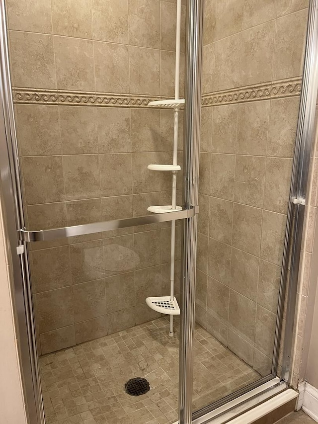 bathroom featuring a shower with shower door