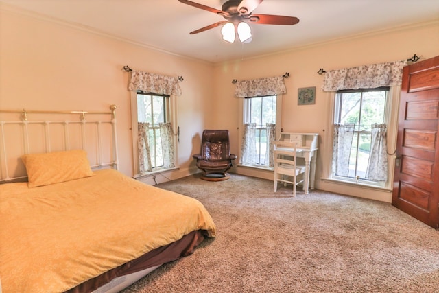 bedroom with carpet flooring, ceiling fan, and ornamental molding