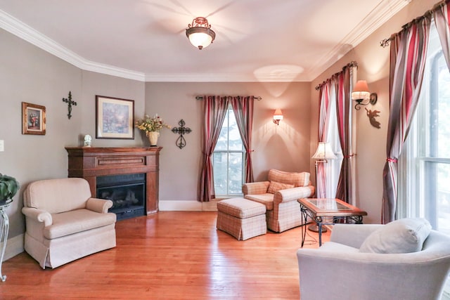 living room with crown molding and light wood-type flooring