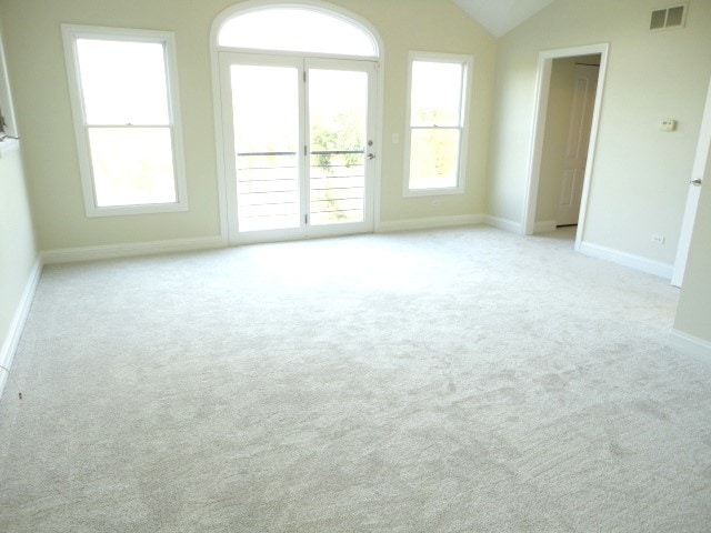 spare room with light colored carpet and lofted ceiling