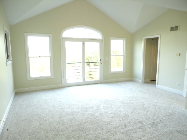 carpeted spare room featuring lofted ceiling and a healthy amount of sunlight