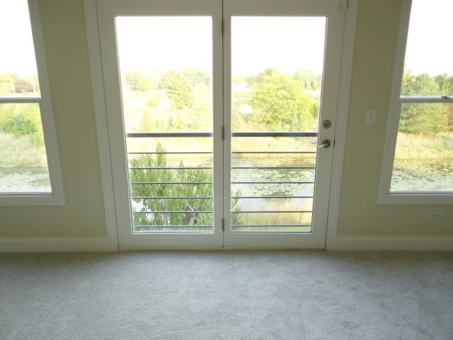 doorway to outside featuring a wealth of natural light and light carpet