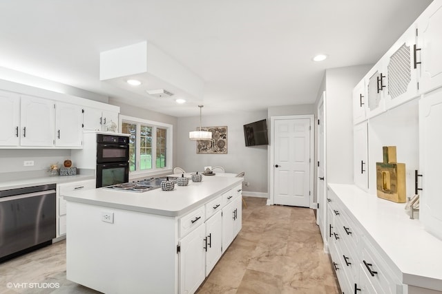 kitchen with dishwasher, hanging light fixtures, double oven, a kitchen island, and white cabinetry