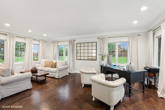 living room with a healthy amount of sunlight, dark hardwood / wood-style flooring, and crown molding