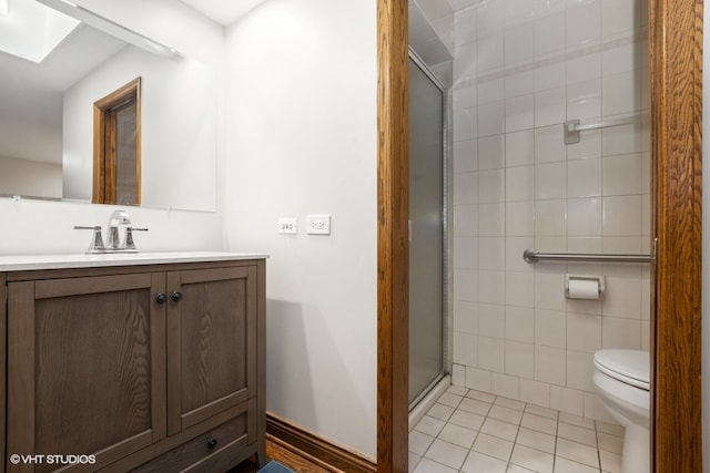 bathroom with tile patterned flooring, vanity, an enclosed shower, and toilet