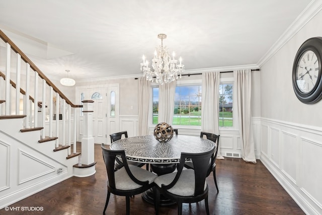 dining area with a chandelier, crown molding, and dark wood-type flooring