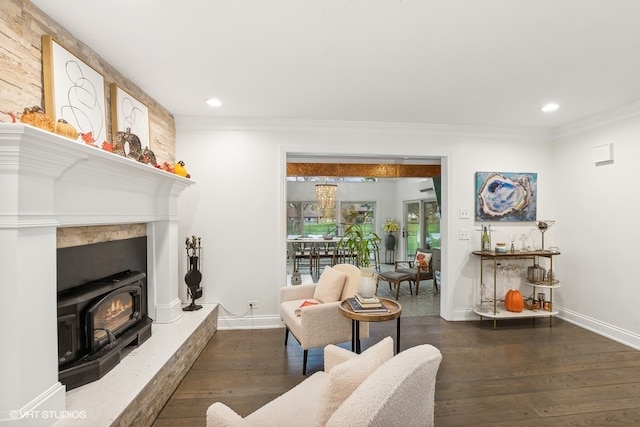 living room featuring a wood stove, crown molding, and dark hardwood / wood-style flooring