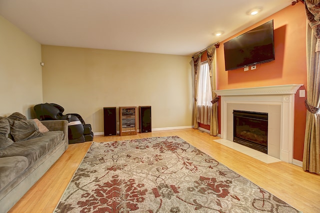 living room with a tiled fireplace and wood-type flooring