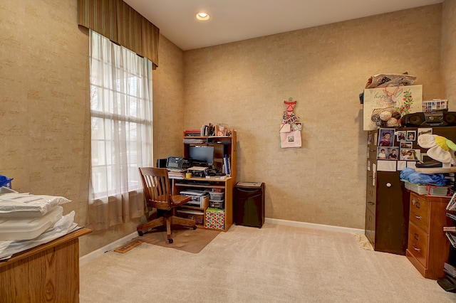 view of carpeted home office