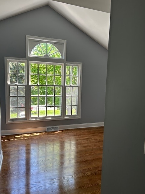 empty room featuring dark wood-type flooring and lofted ceiling