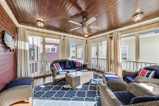 sunroom / solarium with ceiling fan and wood ceiling