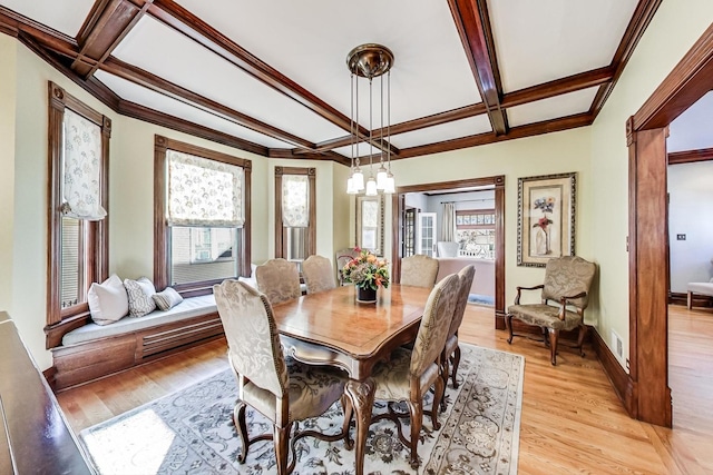 dining area with a chandelier, beam ceiling, light hardwood / wood-style flooring, and coffered ceiling