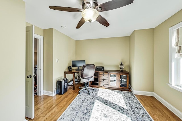 office area with ceiling fan and light hardwood / wood-style floors