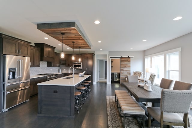 kitchen featuring appliances with stainless steel finishes, a barn door, dark hardwood / wood-style flooring, hanging light fixtures, and sink