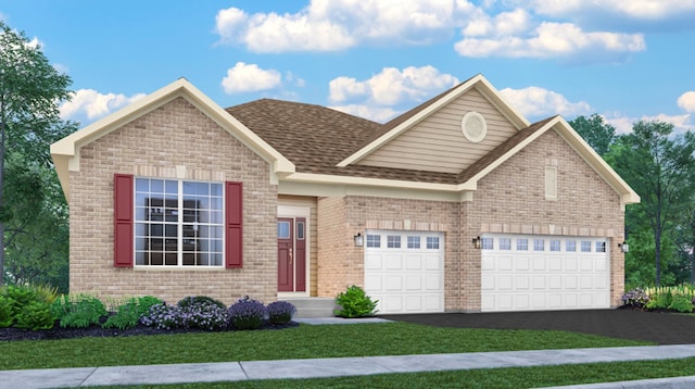 view of front of house with a garage and a front lawn