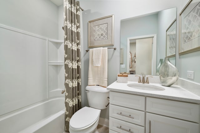 full bathroom with toilet, shower / bath combo, and vanity