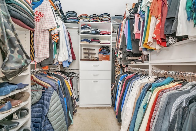 walk in closet featuring light carpet