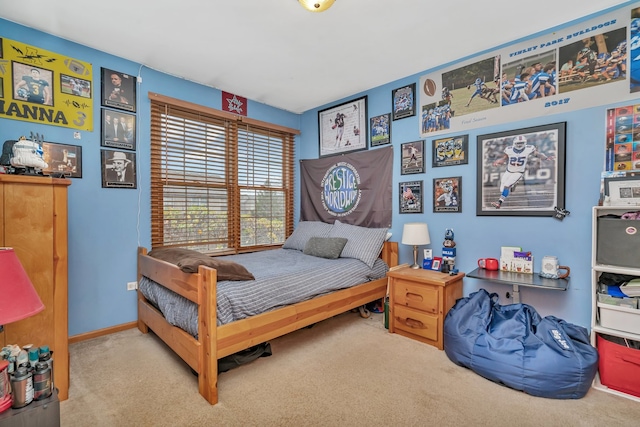 bedroom with light carpet