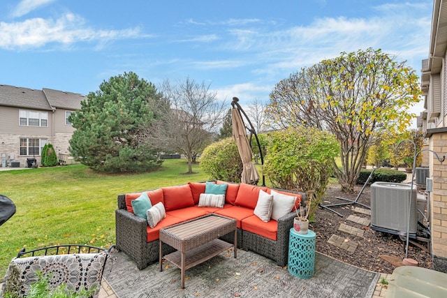 view of patio featuring central air condition unit and an outdoor living space