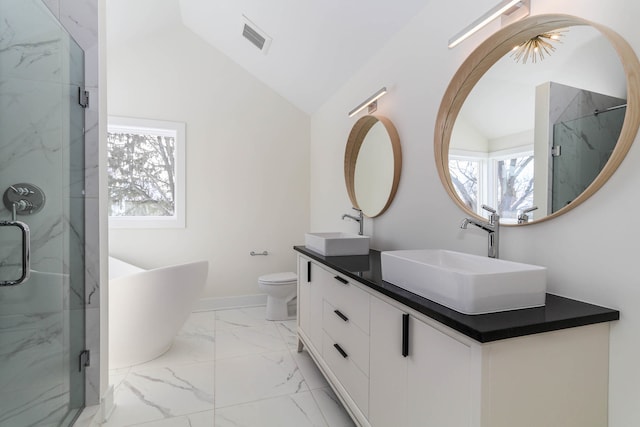 full bathroom featuring toilet, independent shower and bath, vanity, and vaulted ceiling