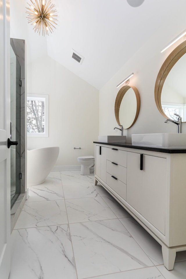 full bathroom featuring a wealth of natural light, vanity, independent shower and bath, and vaulted ceiling