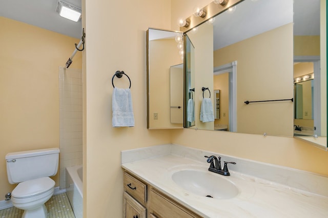 full bathroom with toilet, shower / bathing tub combination, vanity, and tile patterned floors