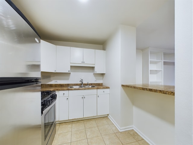 kitchen featuring white cabinetry, sink, light tile patterned flooring, and stainless steel appliances