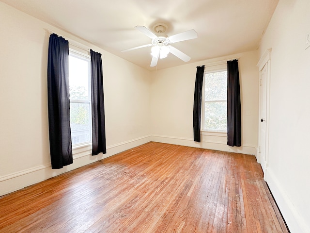 empty room with a wealth of natural light, light hardwood / wood-style flooring, and ceiling fan