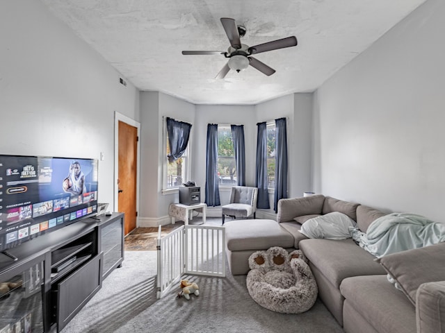 carpeted living room with ceiling fan and a textured ceiling