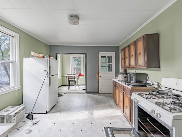 kitchen with crown molding, a healthy amount of sunlight, and white appliances