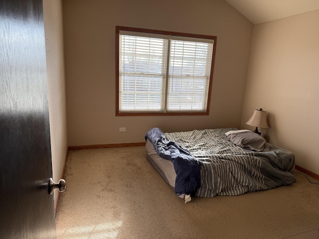 bedroom with carpet and lofted ceiling