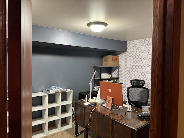 office area featuring light colored carpet