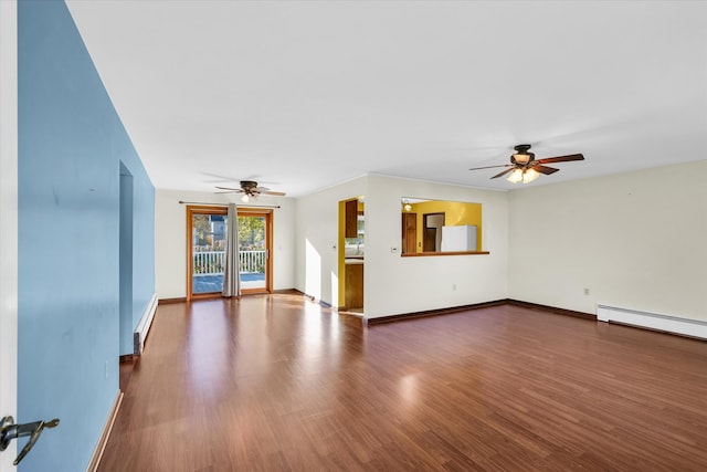 unfurnished living room featuring a baseboard heating unit, dark hardwood / wood-style flooring, and ceiling fan