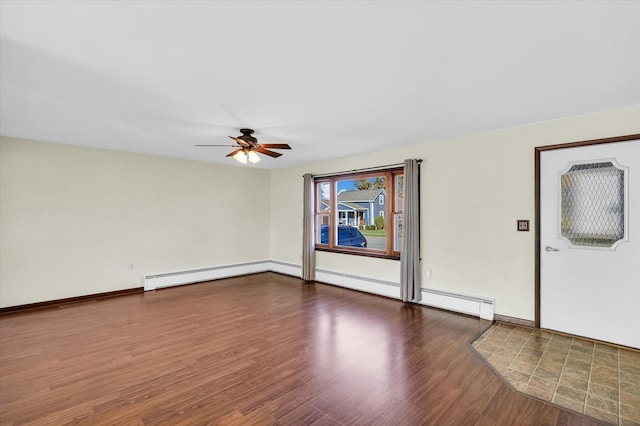 spare room with ceiling fan, dark hardwood / wood-style floors, and a baseboard radiator