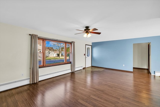 unfurnished room with dark wood-type flooring, ceiling fan, and a baseboard radiator