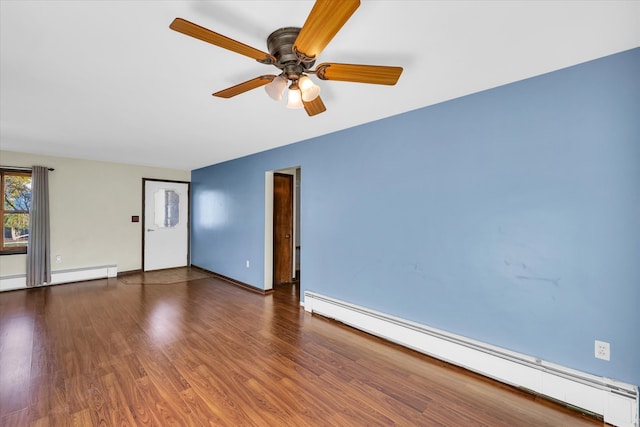 empty room with dark hardwood / wood-style flooring, ceiling fan, and a baseboard radiator