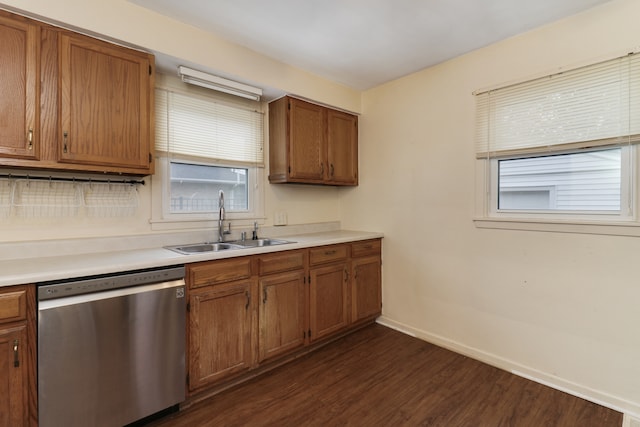 kitchen with stainless steel dishwasher, sink, and dark wood-type flooring