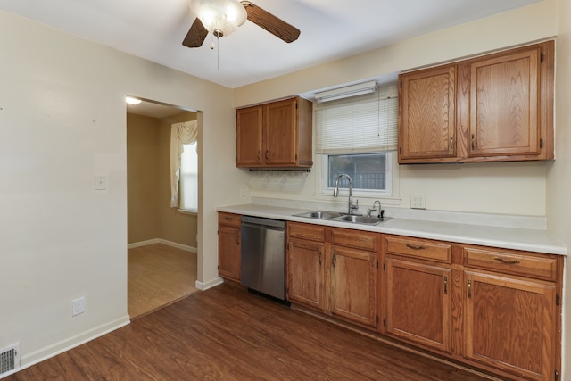 kitchen with stainless steel dishwasher, sink, ceiling fan, and dark hardwood / wood-style floors