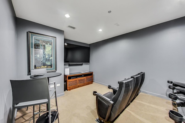 carpeted cinema room with baseboards, visible vents, and recessed lighting