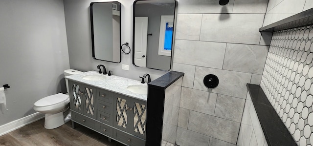 bathroom with wood-type flooring, vanity, and toilet