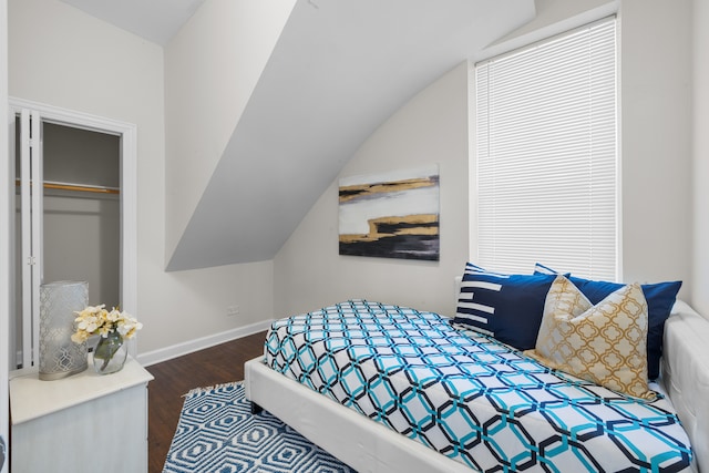 bedroom with dark hardwood / wood-style flooring, lofted ceiling, and a closet