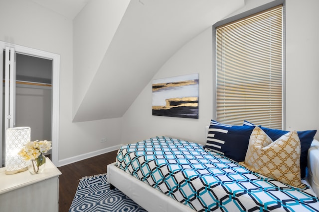 bedroom featuring dark wood-type flooring, a closet, and lofted ceiling